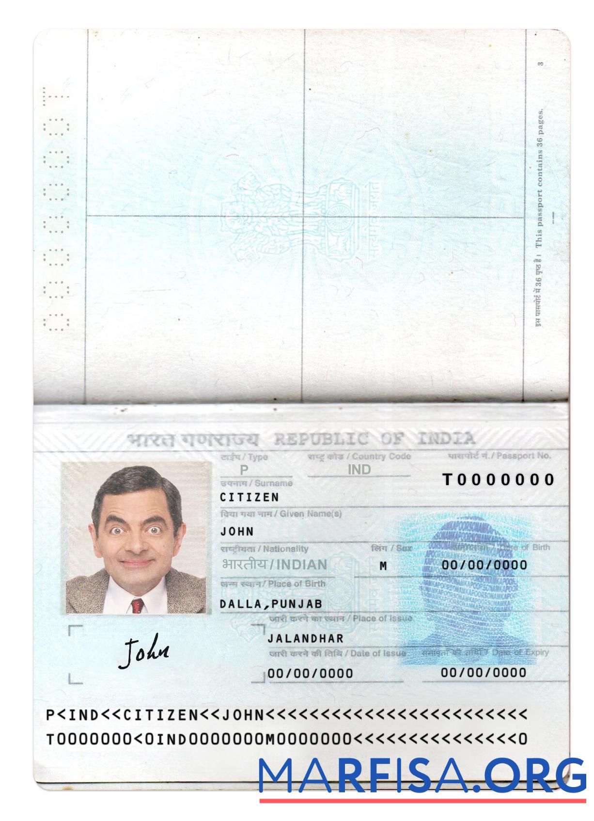 Downloadable India passport new version 2 pages 1 example